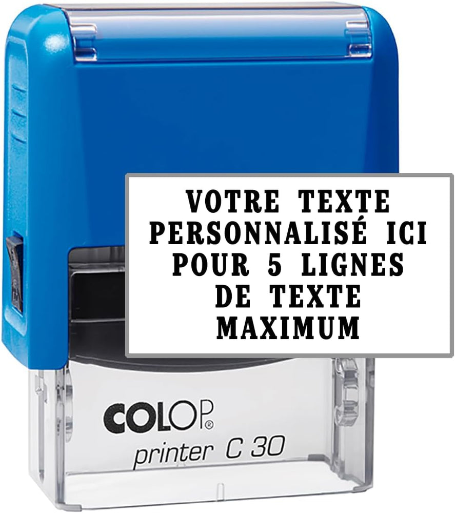 Tampon encreur personnalisable avec votre propre texte -Colop C30 Pro - Monture bleue - Format de l'impression 47 x 18 mm - Max 5 lignes de texte - Encre noire incluse