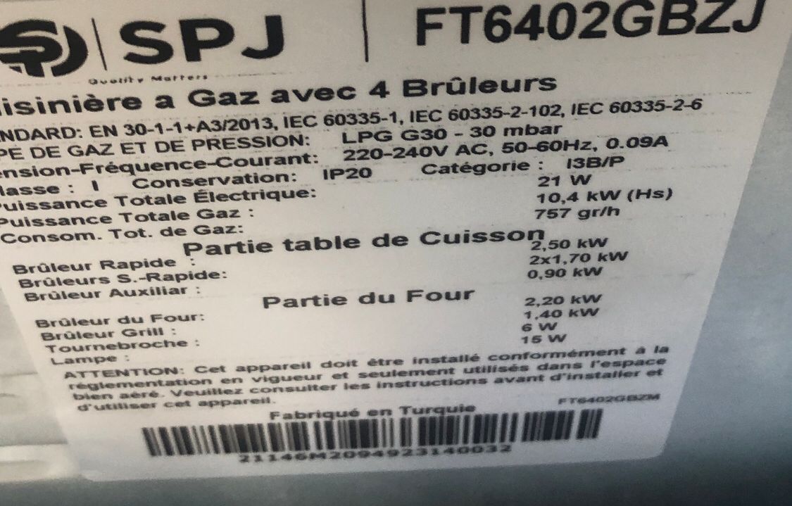 GAZINIERE A GAZ AVEC 4 FEUX SPJ FT6402GBZJ