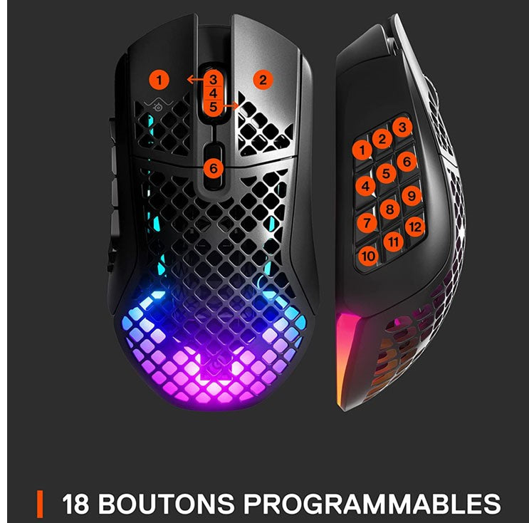 Accessoires SteelSeries Aerox 9 Wireless Souris Gaming - Ultra-légère 89 g - MMO/MOBA - 18 Boutons réglables - Bluetooth/2,4 GHz - Batterie 180 h - Résistante à l’Eau IP54 - PC/Mac